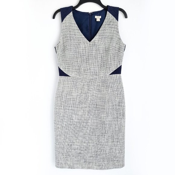 J Crew Eyelet-Lace Metallic Tweed Sheath Dress 8 Navy/White Sleeveless - Picture 1 of 7